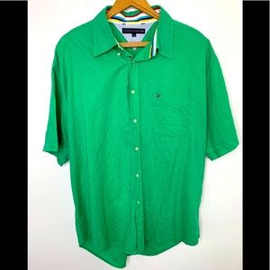 Vintage Tommy Hilfiger Mens XL Button Short Sleeve Shirt 55% Linen Apple Green